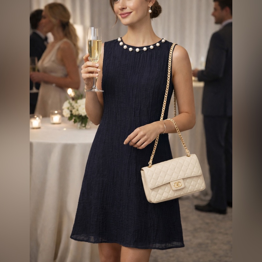 Just Taylor Navy Pearl Neck Shift Dress Elegant Tencel Mini Dress Size 10